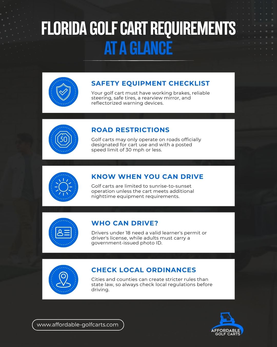 Florida golf cart rules for equipment, roads, drivers