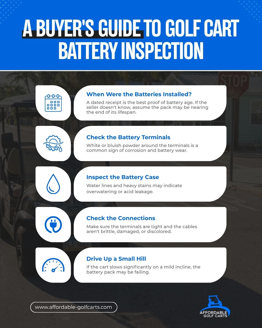 Five-point battery check for a used golf cart